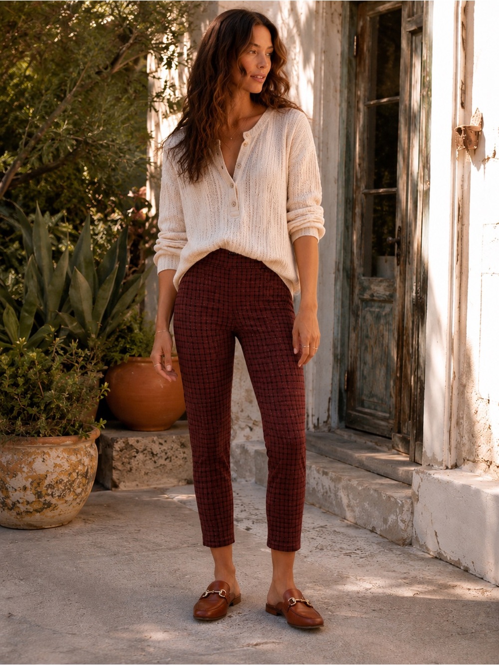 Sanctuary Plaid Pull On Pants Burgundy Black Skinny Ankle Stretch M
